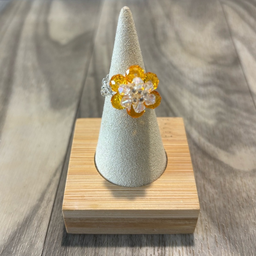 Crystal Beaded Floral Ring with Orange/Yellow and Silver Details! Hand made. - Picture 2 of 5
